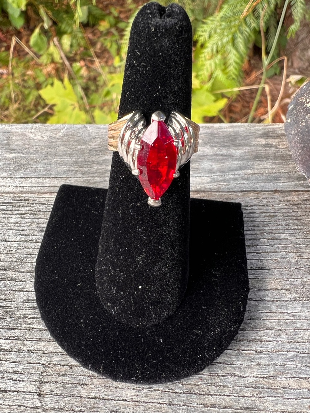 Silver and Gold Electroplated Ring with Marquise Red Stone